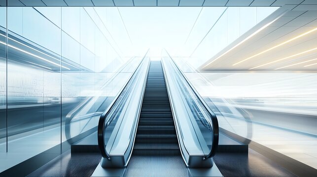 A modern escalator in a bright, glass-walled building.
