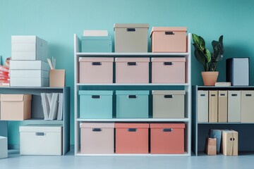 Organized storage solutions in a modern workspace featuring colorful boxes and plants