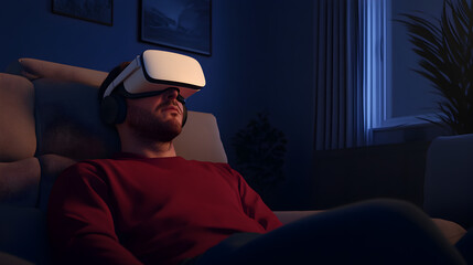 A person using a VR headset in a living room, immersed in a virtual game environment. Person using VR headset at home.
