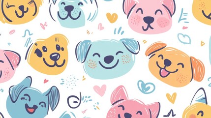 Fototapeta premium This cheerful doodle pattern showcases a variety of colorful dog faces, perfect for animal lovers. Ideal for creative projects and more. Generative AI