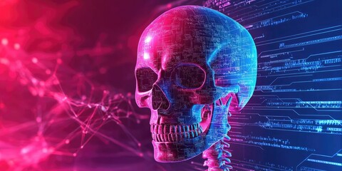 Cybersecurity ransomware concept. Futuristic digital skull design with vibrant colors and dynamic lines representing technology and data.