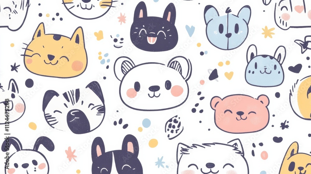 Poster this whimsical doodle pattern showcases a variety of happy dog faces, surrounded by playful designs 