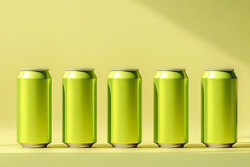 Five green cans are aligned on a yellow surface with a yellow background. Concept of uniformity and minimalism. For beverage container branding.