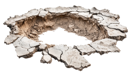 Crater hole in dry cracked earth isolated on transparent background