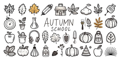 Vector silhouette collection showcasing autumn-themed school elements and seasonal icons with a variety of educational symbols