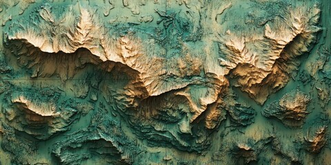 Detailed topographical map showing hills, valleys, and elevations, with shaded relief design and text space at the bottom half.