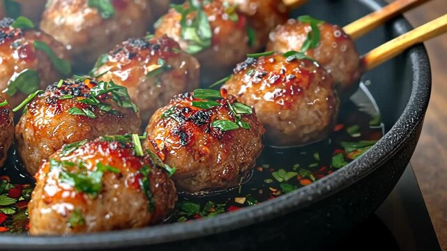 Delicious Glazed Meatballs Skewers Asian Cuisine Food Photography