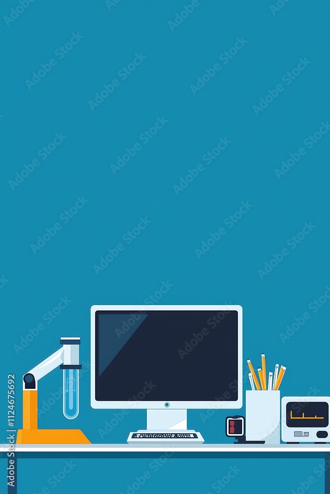 Aufkleber a computer monitor sits on a desk next to a beaker and a pair of scissors
