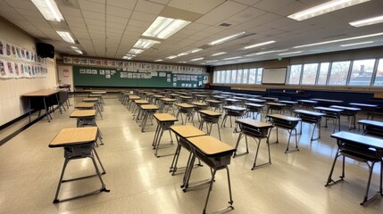 Empty Classroom with Desks and Chalkboard