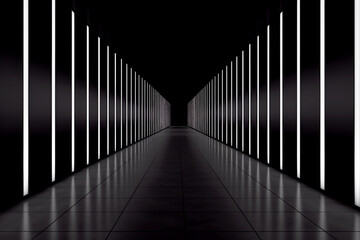Fototapeta premium An abstract background featuring a black canvas illuminated by a series of soft, glowing lines arranged in a row. The light contrasts beautifully against the darkness, modern and sleek visual effect