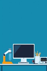 A computer monitor sits on a desk next to a beaker and a pair of scissors
