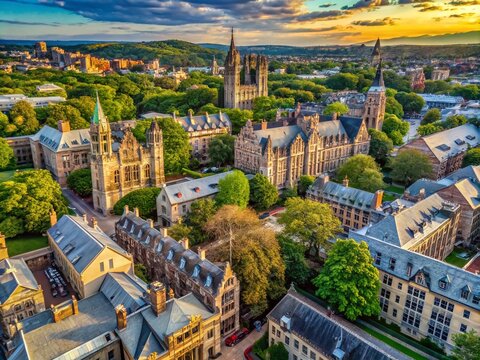 Aerial View of Gothic Stone Buildings at Yale University Surrounded by Lush Greenery and Historic Architecture in New Haven, Connecticut, Capturing the Essence of Ivy League Education