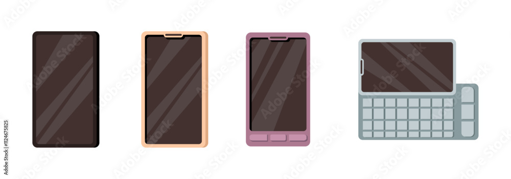 Poster Smartphones with touchscreen and keyboard with small buttons for typing messages. Vector flat cartoon style, isolated cell phone evolution. Modern technologies for communication and talking