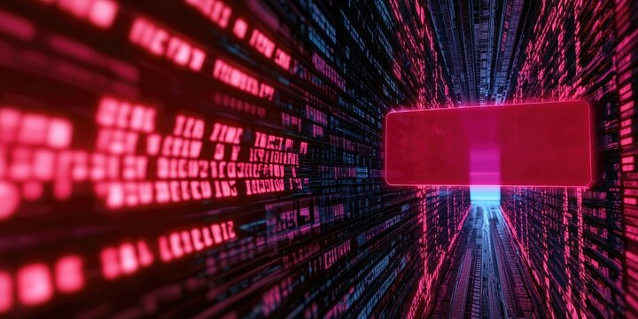 Cybersecurity ransomware concept. Abstract digital tunnel with binary code in vibrant colors.