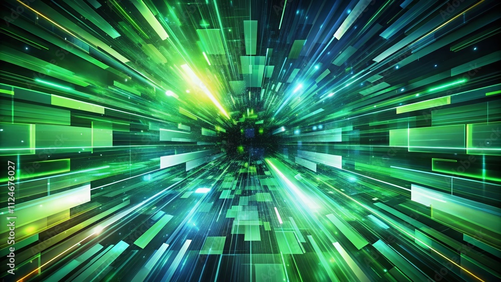 Poster aerial view of green overlap pixels creating speed effect against dark background with geometric lay