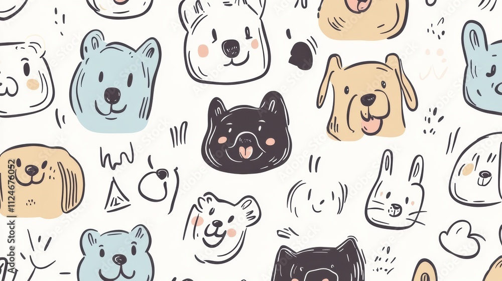 Aufkleber Fun doodle design showcasing various dog faces in a whimsical pattern, complemented by ample white space for adding text or graphics. Generative AI