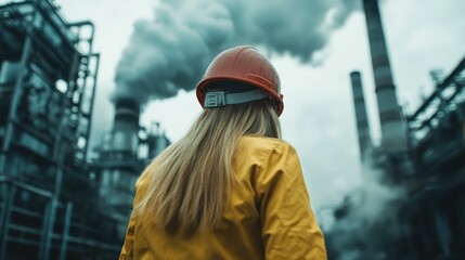 A female engineer in a yellow coat stands by an industrial plant emitting smoke, representing engineering, industry, and environmental impacts in a modern context.