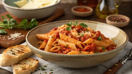 Comforting Plate of Penne Arrabbiata with Garnishes