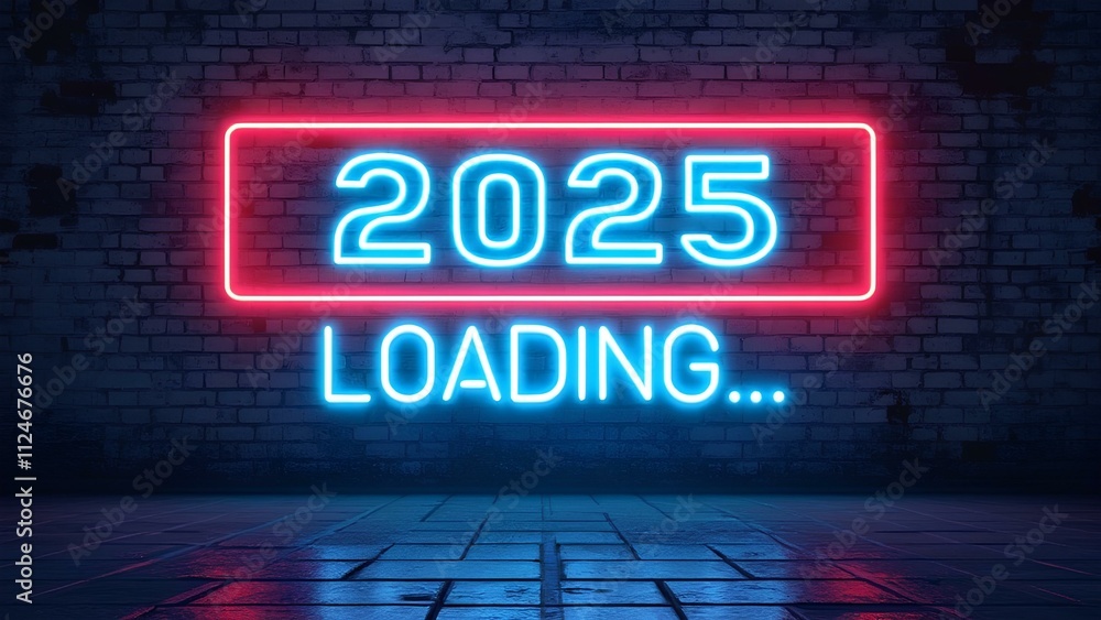 Poster digital display showing 2025 loading with a futuristic aesthetic, generative ai