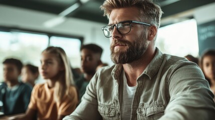 A focused teacher wearing glasses sits attentively in a classroom alongside students, highlighting a commitment to modern teaching methods and engagement.