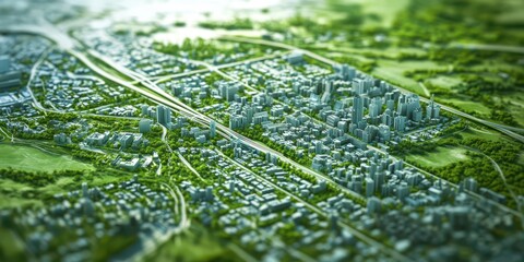 Interactive map of a city with smart grid technology, highlighting green spaces, public transportation, and eco-friendly zones, modern design, with text space on the bottom half.