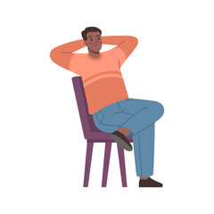 Worker or employee stretching on chair trying to relax. Vector flat cartoon character, isolated relaxed or rested personage holding hands on head. Resting or calming down man with sad face