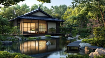 Obraz premium a small japanese house with a pond and trees