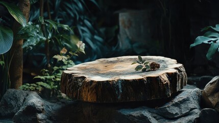 Obraz premium Natural Wood Slice on Rocks Surrounded by Lush Green Plants in a Serene Environment, Showcasing Textures and Organic Elements for a Calming Atmosphere