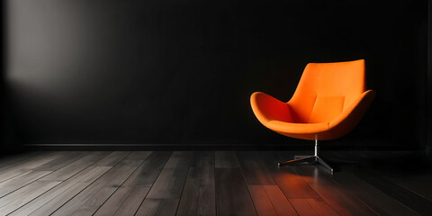 A sleek orange chair on a black wooden floor against a dark wall, a minimalist room with dramatic lighting, best interior design