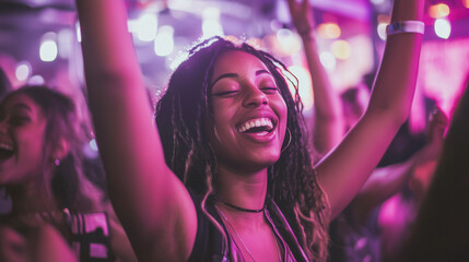 Happy young diverse friends dancing at nightclub - Latin woman enjoy music at festival - Party, people and entertainment cocnept - Models by AI generative