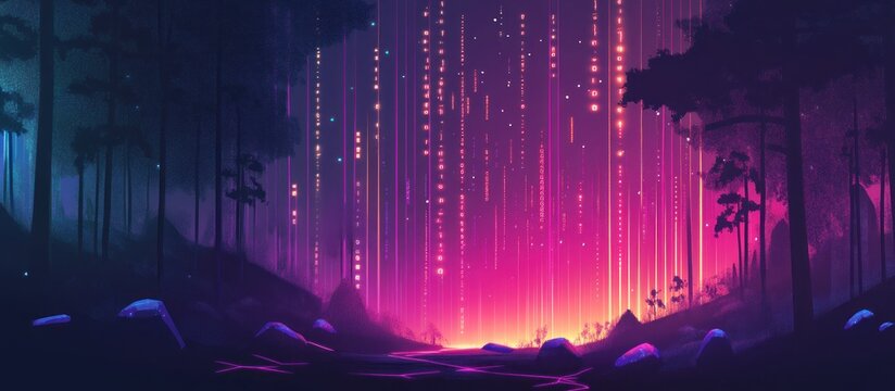 A cyberpunk-inspired digital landscape with binary code streams glowing in neon, dark background with radiant light lines showcasing the flow of information 
