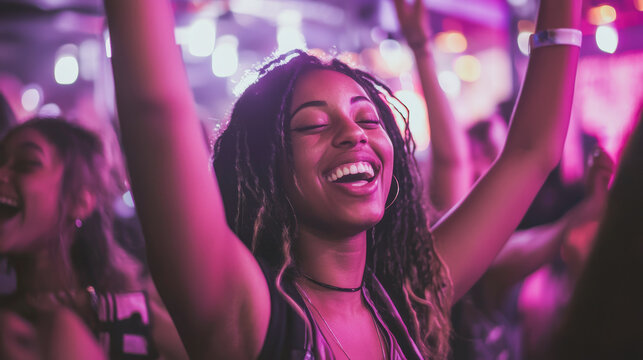 Happy young diverse friends dancing at nightclub - Latin woman enjoy music at festival - Party, people and entertainment cocnept - Models by AI generative