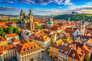 Obraz premium Aerial View of Historical Rooftops in Prague, Showcasing the Charm of Old Town Architecture with Cobblestone Streets and Iconic Spires Under a Clear Blue Sky