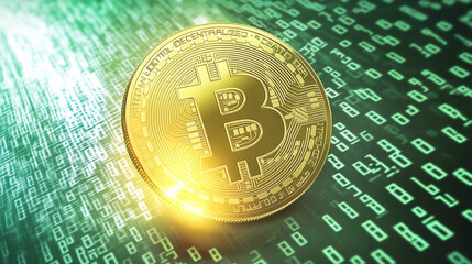 Bitcoin Visualization with Glowing Coin and Binary Code