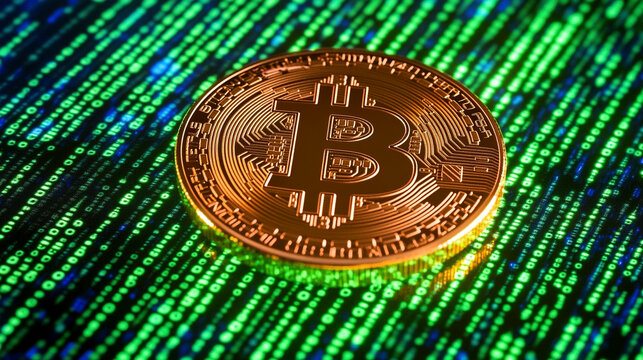 Bitcoin Visualization with Glowing Coin and Binary Code