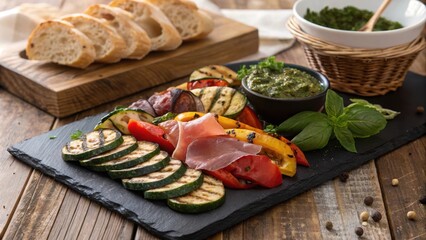 Hearty roasted vegetable and prosciutto platter with bread