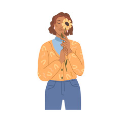 Female personage holding blooming flower in hands. Vector flat cartoon character, isolated woman with wildflower and closed eyes. Tender and attractive lady with flourishing botany plant