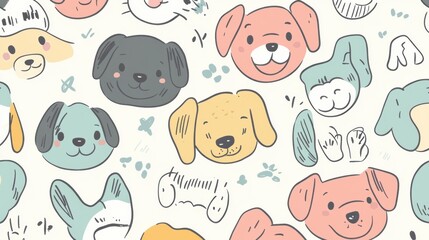 Fototapeta premium This creative design showcases a variety of cheerful dog faces in a playful doodle style, complete with clear copy space. Generative AI