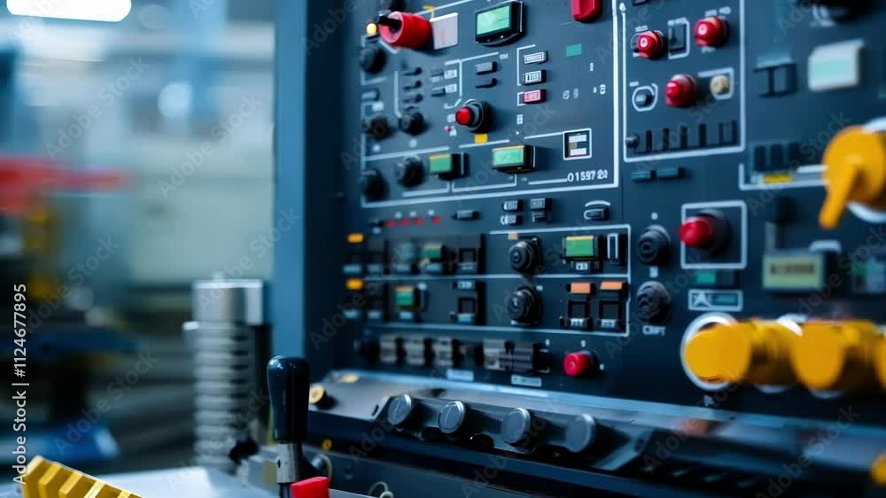 Poster close up on an industrial control panel with many buttons and lights changing values. in the backgro