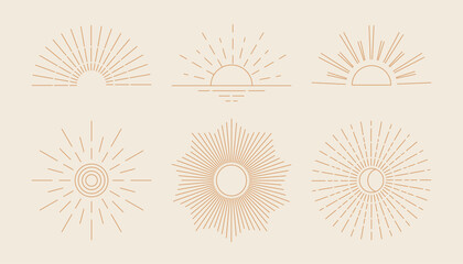Abstract boho sun set, sunburst. Bohemian minimalist linear sunrise and sunset icon collection. Vector illustration  © Ann