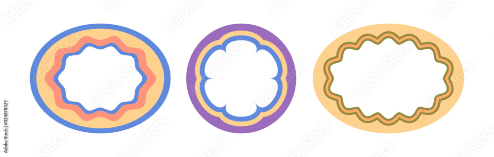 Poster Wavy hippie or funky frames. Vector isolated set of flat oval or circular shapes with copy space. Trendy banners or posters for social media highlights. Collage for album, vivid doodles