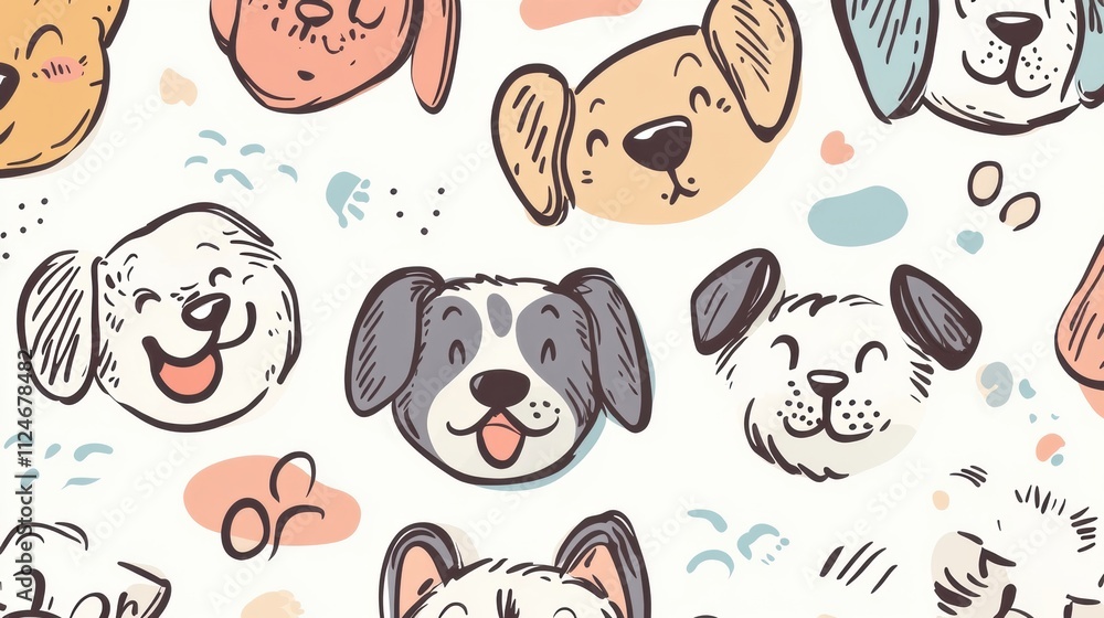 Leinwandbilder a whimsical doodle pattern showcases cheerful dog faces in various styles and expressions, perfect f