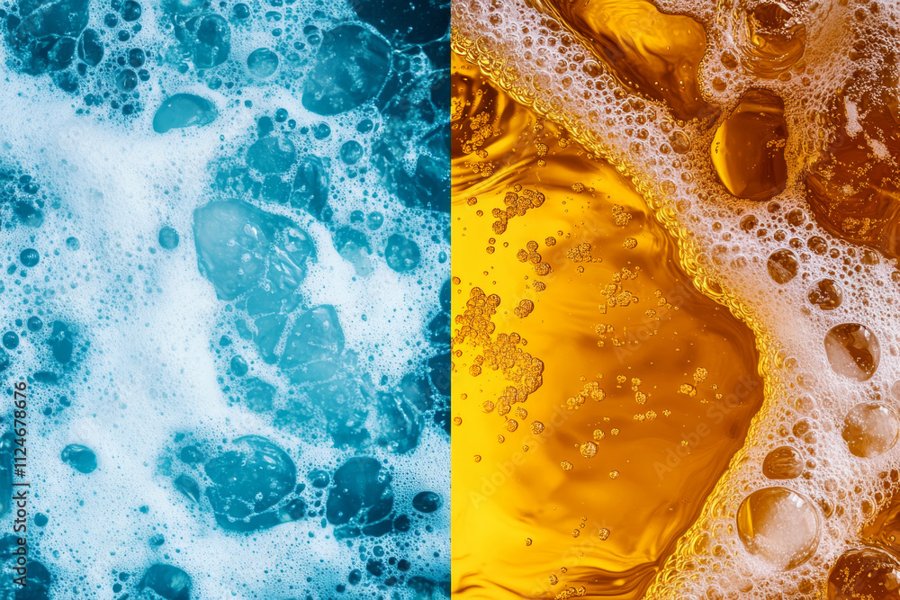 Poster two contrasting images of blue and orange liquid with bubbles side by side. concept of color contras