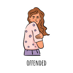 Upset female personage looking at side angrily. Vector flat cartoon character, isolated woman with frowning face. Offended or moody girl hugging her shoulder. Grumpy and touchy emotional lady