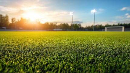 A soccer field with a bright green grass and a few lights in the background