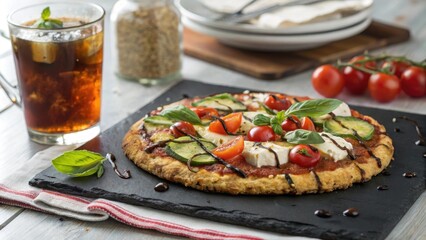 Trendy gluten-free pizza with toppings served on a black slate