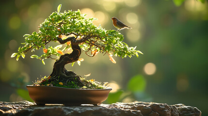 ny bonsai tree with perched bird, textured bark, glowing sunlight, scattered leaves, tranquil setting, 