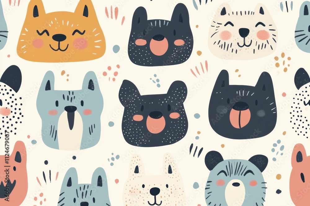 Poster colorful doodles featuring a variety of dog faces create a whimsical pattern, perfect for adding per