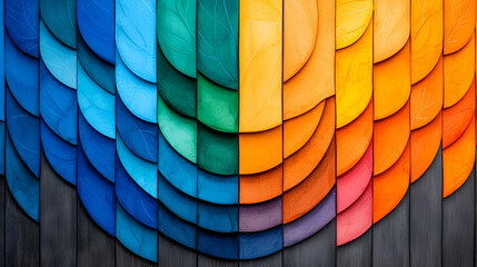 Fototapeta premium Vibrant wooden wall art featuring curved shapes in blue, green, orange, and pink hues creating a colorful and textured surface.
