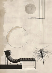 This modern abstract minimalist artwork showcases a lounge chair and a plant, with geometric shapes and a serene monochromatic palette, perfect for contemporary interior decor